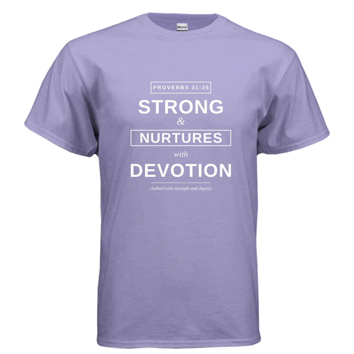 Clothed in Strength t-shirt in Violet - front view