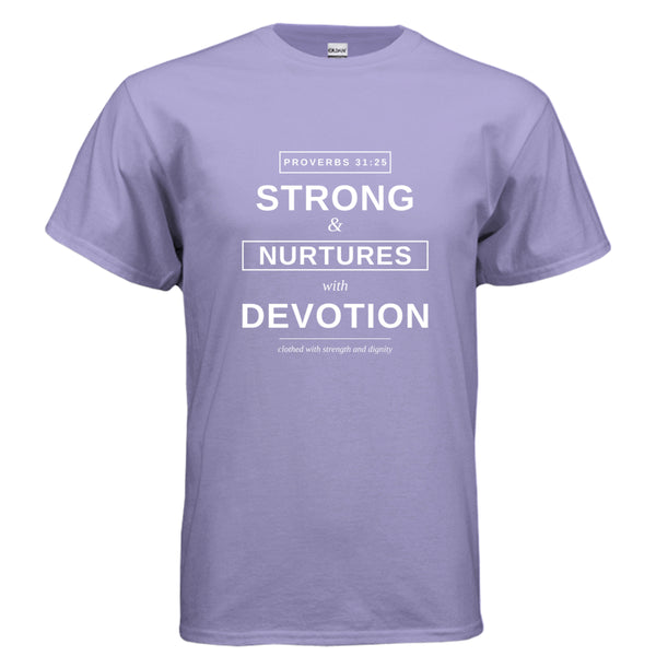 Clothed in Strength t-shirt in Violet - front view