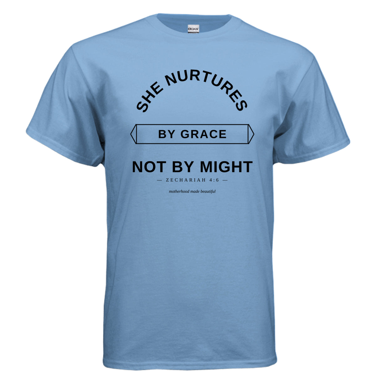 She Nurtures by Grace t-shirt in Carolina Blue - front view