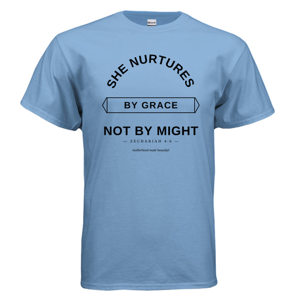 She Nurtures by Grace t-shirt in Carolina Blue - front view