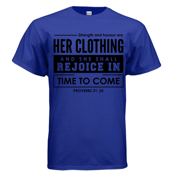 Clothed in Strength t-shirt in Royal - front view