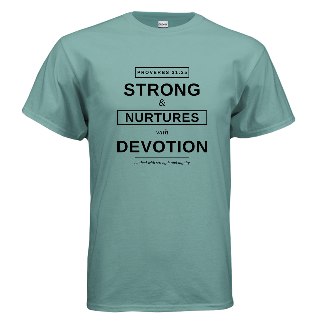 Clothed in Strength t-shirt in Aquatic - front view