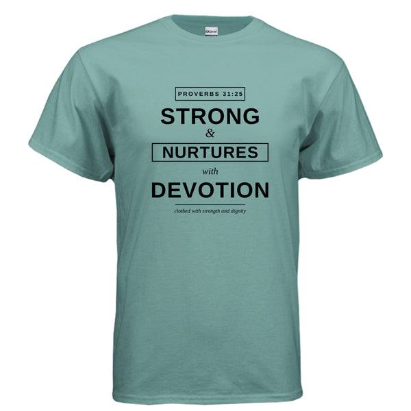Clothed in Strength t-shirt in Aquatic - front view